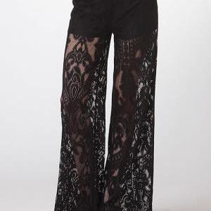 Elegant Black Floral Lace Wide Mesh Leg Lined..