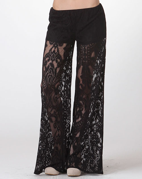 Elegant Black Floral Lace Wide Mesh Leg Lined Stretch Waist Palazzo Pants