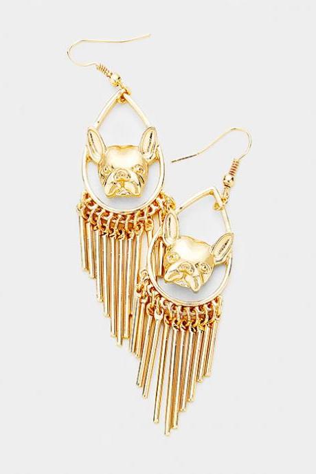 Gold Bulldog Metal Bar Fringe Earrings